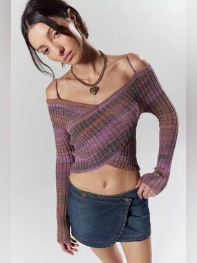 UO Silence + Noise Delaney Off Shoulder Cropped Sweater Boho Slubby M NWOT